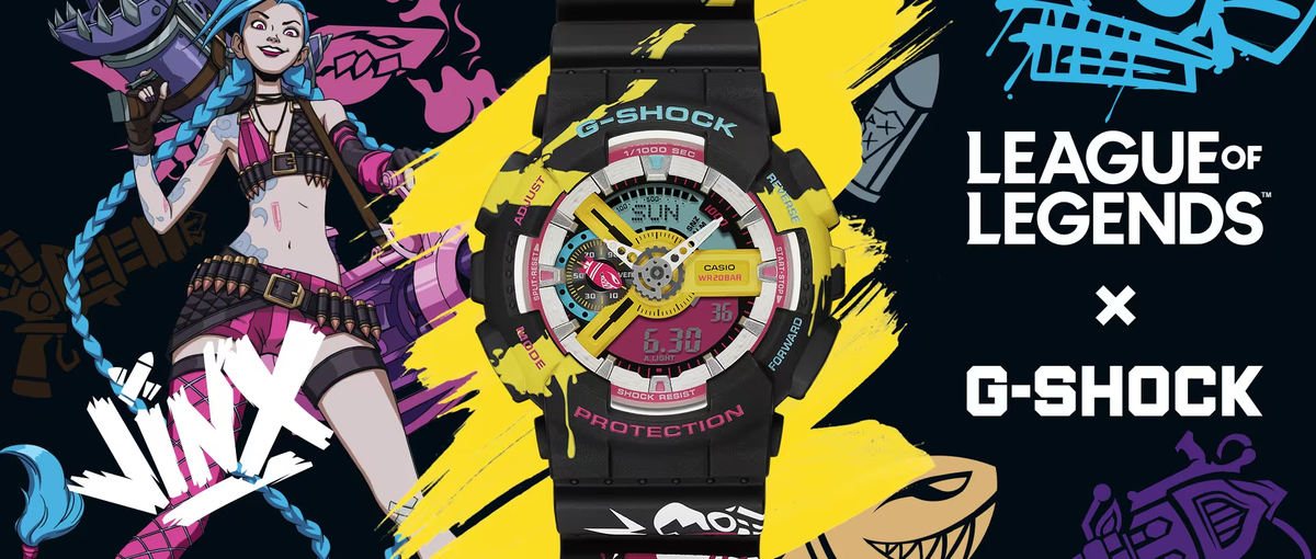 League of Legends Jinx edition G-Shock watch featuring a black, yellow, and pink graffiti-style design with digital display.