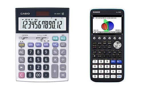 Two Casio calculators: a large desktop model with a white keypad and a black scientific graphing calculator.
